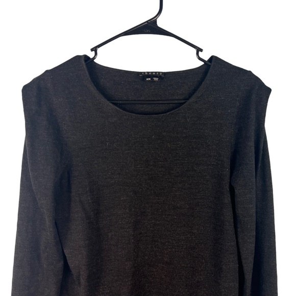 Theory Pullover Wool Blend Scoop Neck Sweater Size Medium Dark Gray Pleated - Picture 2 of 7